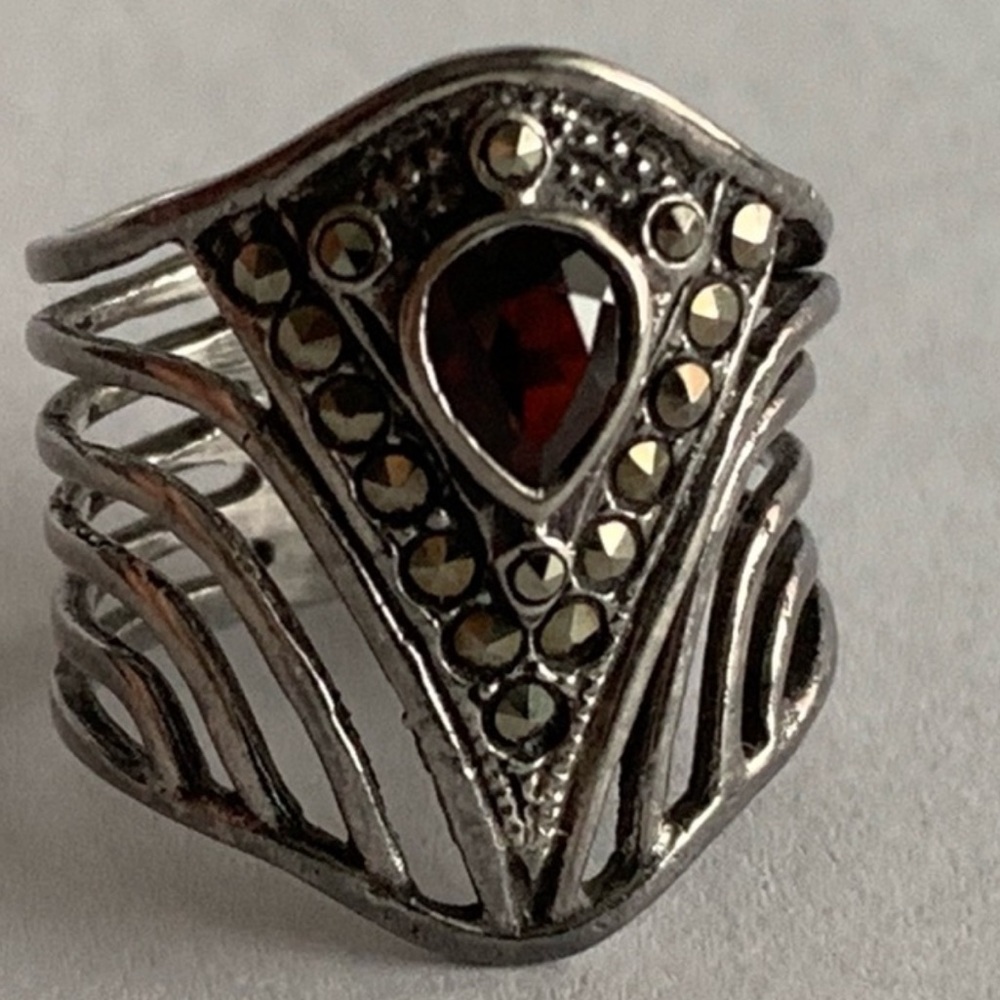 New vintage marcasite silver cocktail ring shield / cuff ring